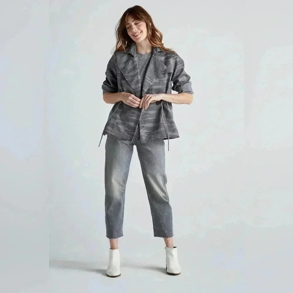 Lucky Brand Blue Grey Printed Camo Cropped Trench Coat Jacket Size Medium M - Picture 6 of 11